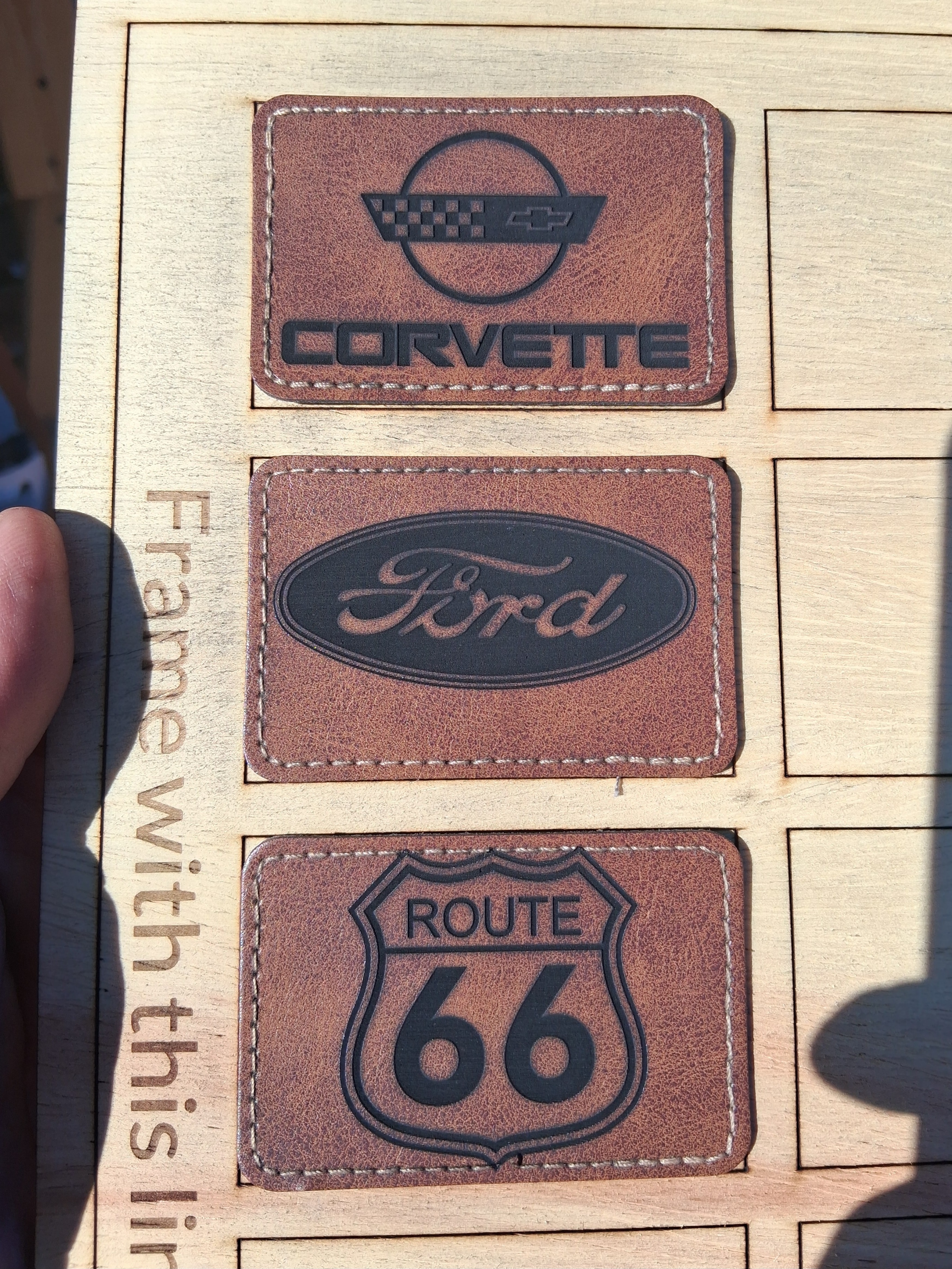 Leather Badge Samples — Corvette, Ford & Route 66